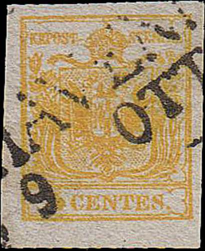 1850 - 5 c. giallo I tir., n° 1a, ... 