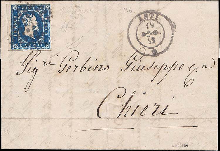 1853 - 20 c. azzurro, n° 2, ... 