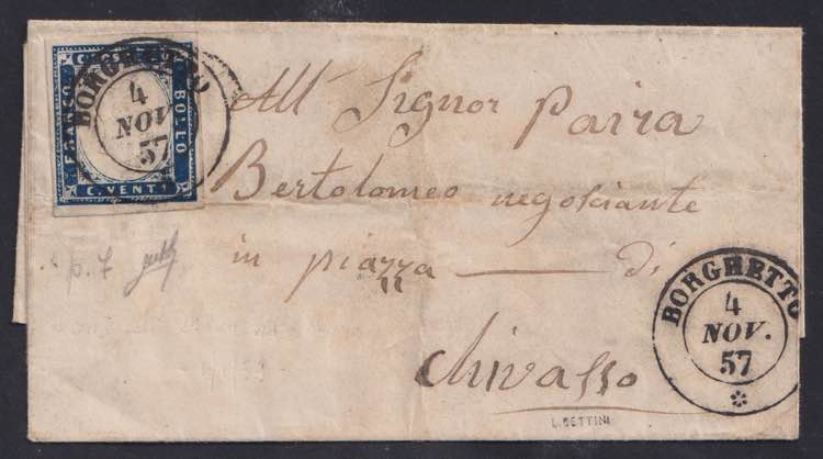 1857 - 20 CENT. INDACO, N° 15aB, ... 