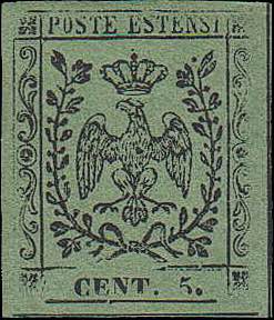 1852 - 5 c. verde oliva, n° 8, ... 