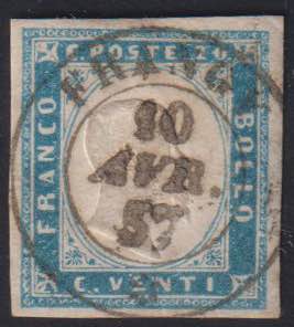 1857 - 20 cent. celeste, n° 15f, ... 