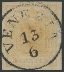 1850 - 5 cent. giallo ocra, n° 1, ... 