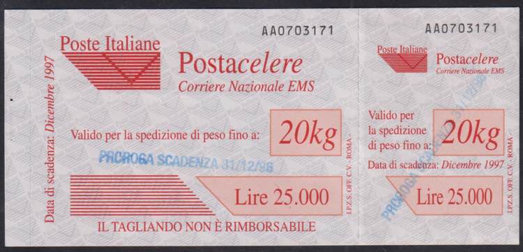 1998 - Postacelere 25.000 Lire, ... 