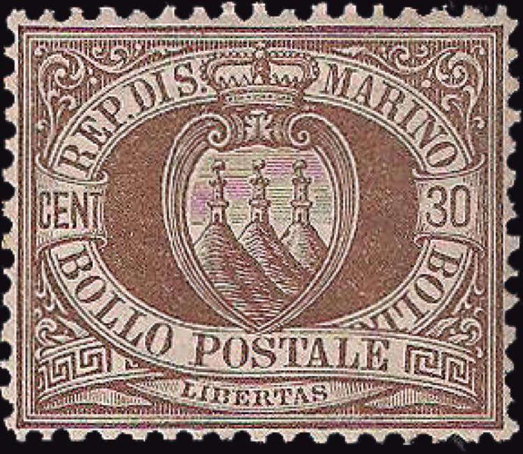 1877 - 30 cent. bruno, n° 6, ... 