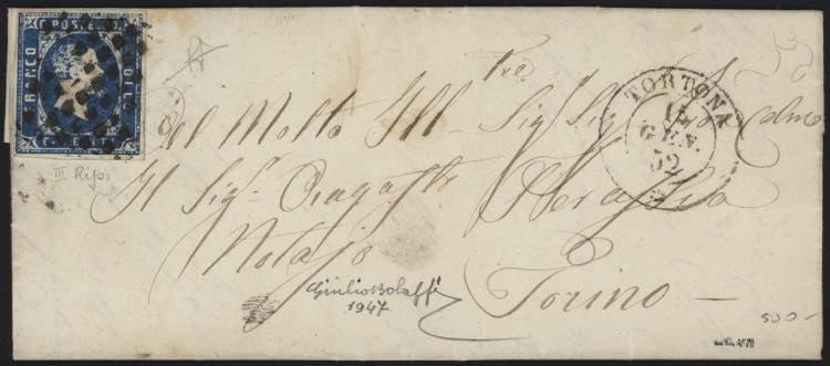 1852 - 20 cent. azzurro, n° 2, ... 
