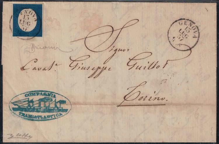 1857 - 20 cent. azzurro, n° 8, ... 