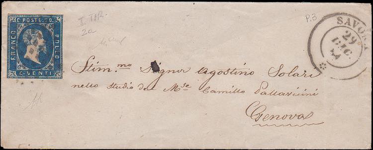 1851 - 20 cent. azzurro I tir, n° ... 