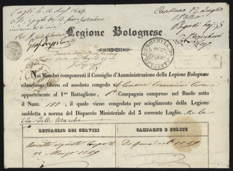 1849 - LEGIONE BOLOGNESE - Foglio ... 