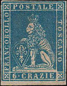 1857 - 6 cr. azzurro vivo, n° 15, ... 