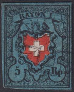 1850 - Croce bianca inquadrata, 5 rappen, ... 