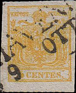 1850 - 5 c. giallo I tir., n° 1a, ottimo, ... 