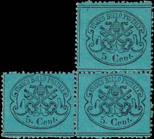 1868 - 5 c. azzurro verdastro, n° 25, 3 es ... 