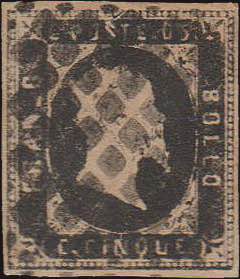 1851 - 5 c. nero, n° 1, ottimo/eccellente. ... 