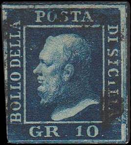 1859 - 10 gr. azzurro cupo, n° 12, ritocco ... 