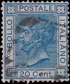 1867 - 20 c. azzurro, tir. di Torino, n° ... 