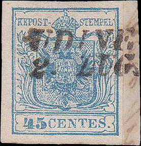 1850 - 45 c. azzurro, n° 10, ottimo, su ... 