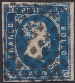1851 - 20 c. azzurro vivo, n° 2d, ottimo. ... 