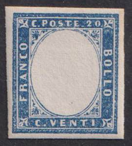 1855 - 20 c. azzurro, n° 14, SENZA EFFIGE, ... 
