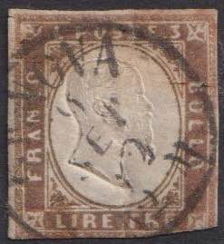 1861 - 3 Lire rame, n° 18A, corto, annullo ... 