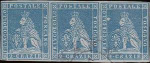 1851 - 2 cr. azz chiaro su grigio, n° 5, ... 