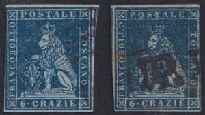 1851 - 6 crazie azzurro su grigio, n° 7d, ... 