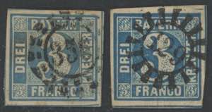 1849 - 3 kr. azzurro + azzurro intenso, n° ... 