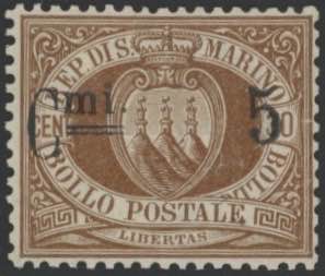 1892 - 5 cent. su 30 cent. bruno, n° 9K, ... 