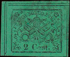 1867 - 2 cent. verde non dentellato, n° 13, ... 