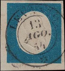 1854 - 20 cent. azzurro, n° 8, gran lusso, ... 
