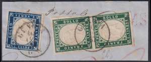 1857 - 5 cent. verde mirto (cp) + 20 cent. ... 