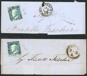1859 - 2 grana azzurro verdastro, n° 8b, su ... 