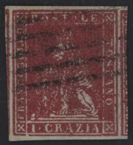 1851 - 1 crazia carminio su grigio, n° 4d, ... 