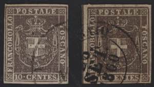 1860 - 10 cent. , due colorazioni, n° 19 + ... 