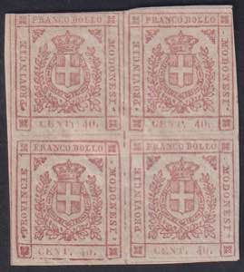 1850 - 40 cent. rosa, n° 17, in quartina, ... 