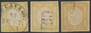 1861 - 20 grana giallo, n° 23, tre ottimi ... 