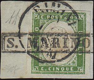 1863 - Precursori, 5 cent. verde giallo ... 