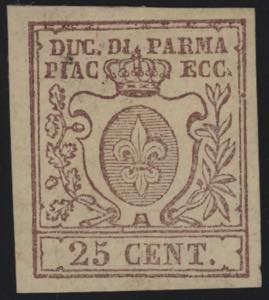 1852 - 25 cent. bruno lilla, n° 10, ... 