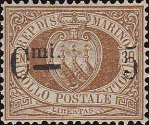 1892 - 5 cent. su 30 cent. bruno, n° 9, ... 