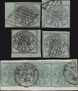 1852 - 1 baj., n° 2, 7 esemplari: 3 angolo ... 