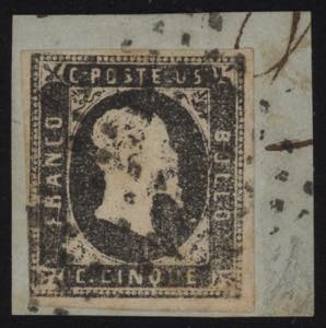 1851 - 5 cent. nero grigiastro, n° 1d, ... 