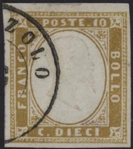 1862 - 10 cent. giallo olivastro, n° 14Dc, ... 