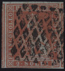 1851/52 - 2 soldi scarlatto su azzurro, n° ... 
