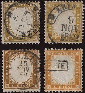 1862 - 10 cent., n° 1, quattro ottimi ... 