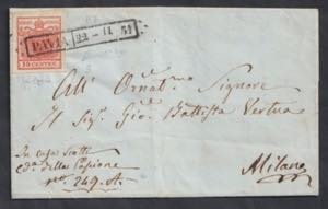 1851 - 15 cent. rosso I tipo, n° 3, ottimo, ... 