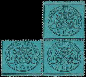 1868 - 5 cent. azzurro verdastro, n° 25, 3 ... 