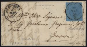 1854 - 20 cent. azzurro, n° 5, ottimo, per ... 