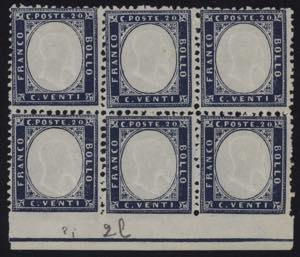1862 - 20 cent. indaco, n° 2 + 2l, ... 