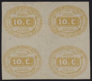 1863 - 10 c. giallo, Sx n° 1, in quartina ... 