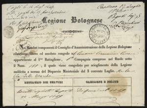1849 - LEGIONE BOLOGNESE - Foglio di congedo ... 