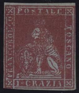1851 - 1 crazia carminio cupo su azzurro, ... 